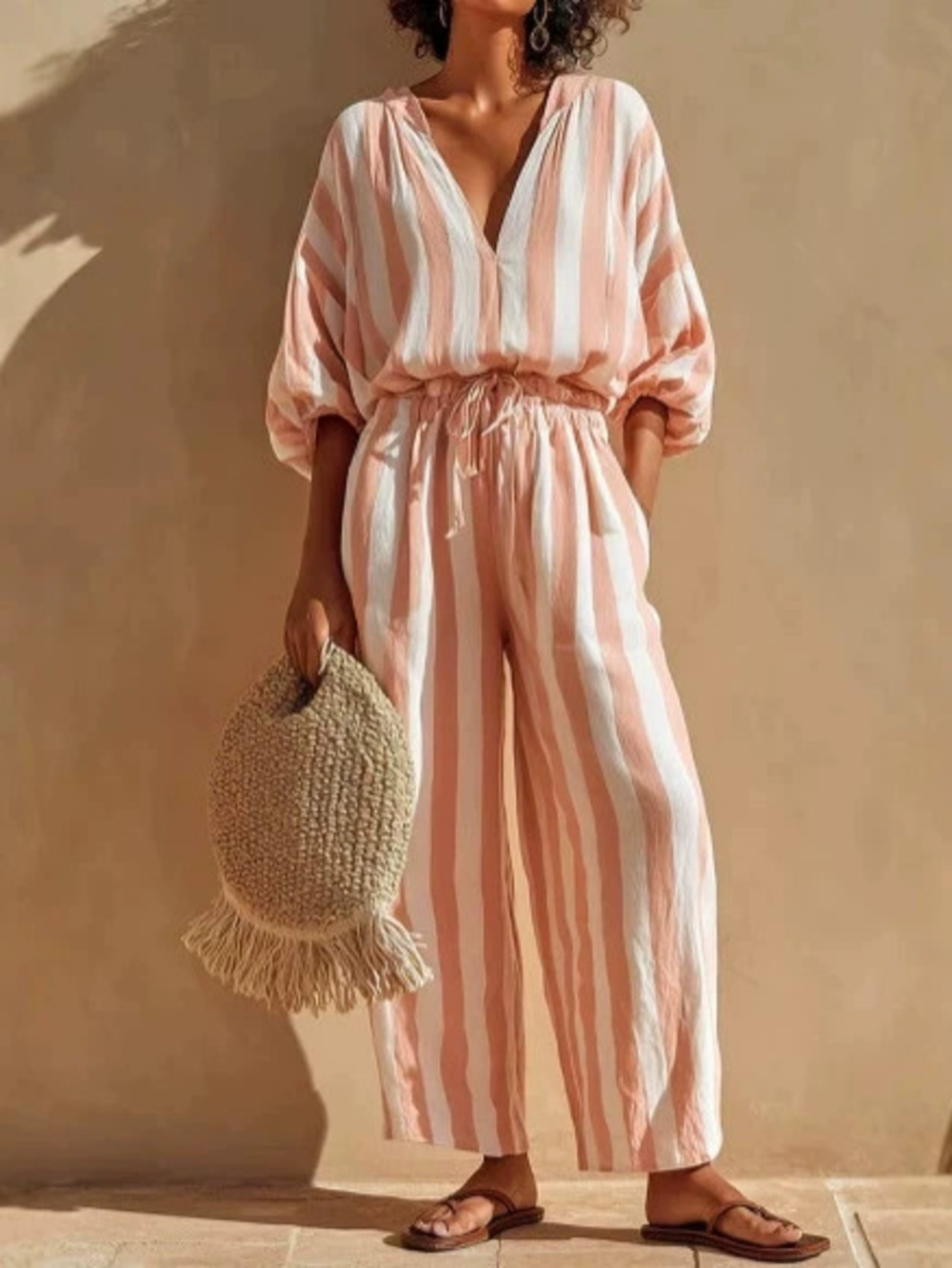 ZARA Crew Neck Top and Striped Straight Leg Casual Pants Set